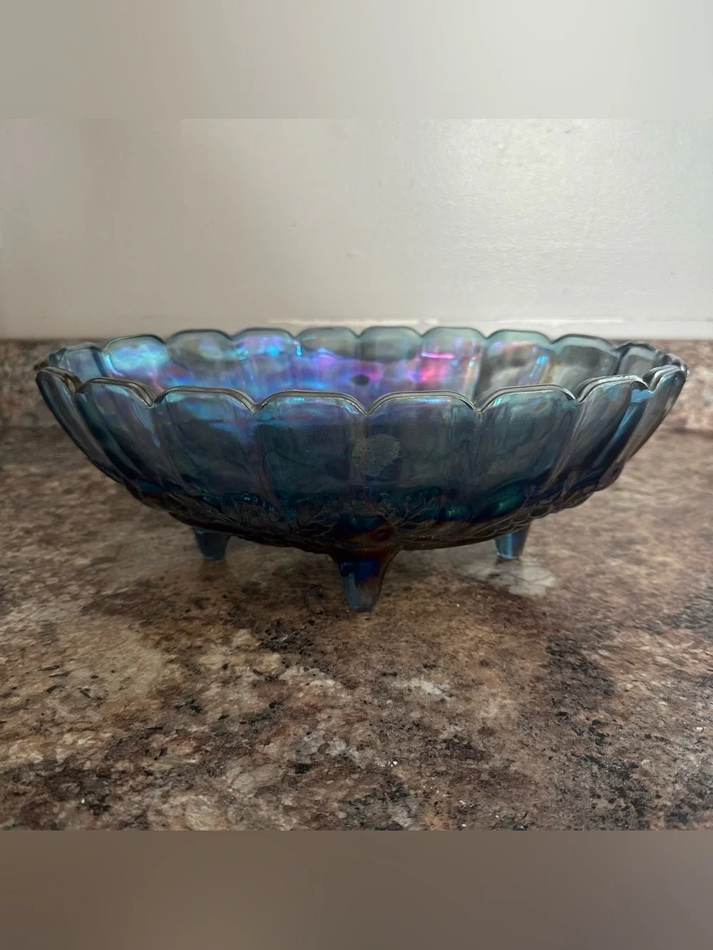 Vintage Blue and silver rainbow iridescent carnival glass fruit bowl